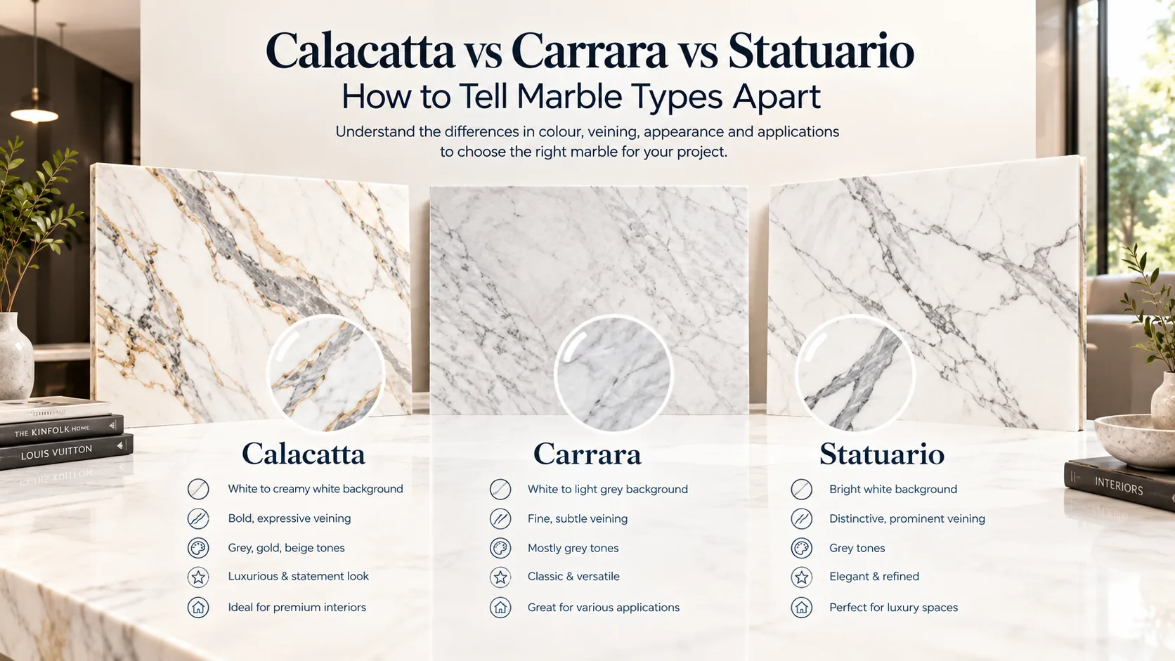 Calacatta, Carrara and Statuario marble slabs side by side, comparing background colour and veining