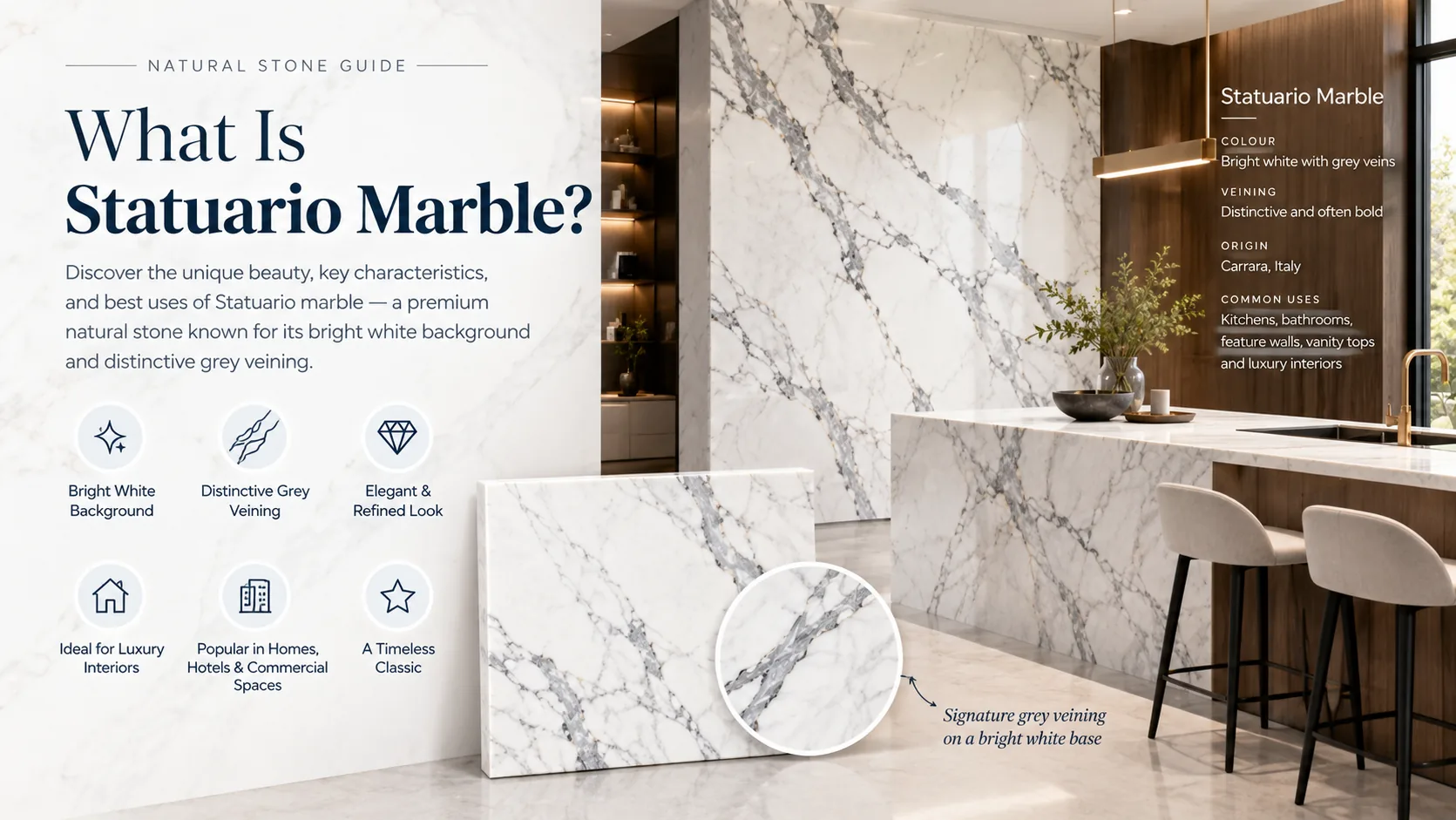 What is Statuario marble: bright white slabs with bold grey veining on a kitchen wall and island