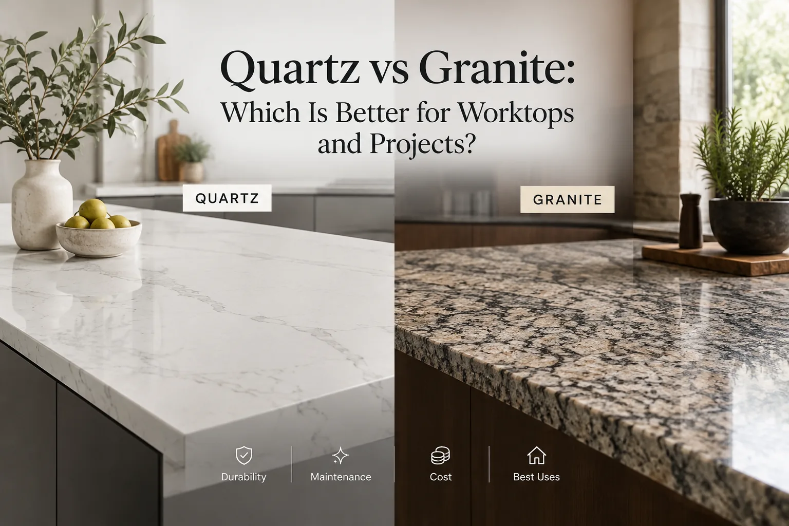 Quartz vs granite worktops side by side: white veined quartz on the left, speckled granite on the right