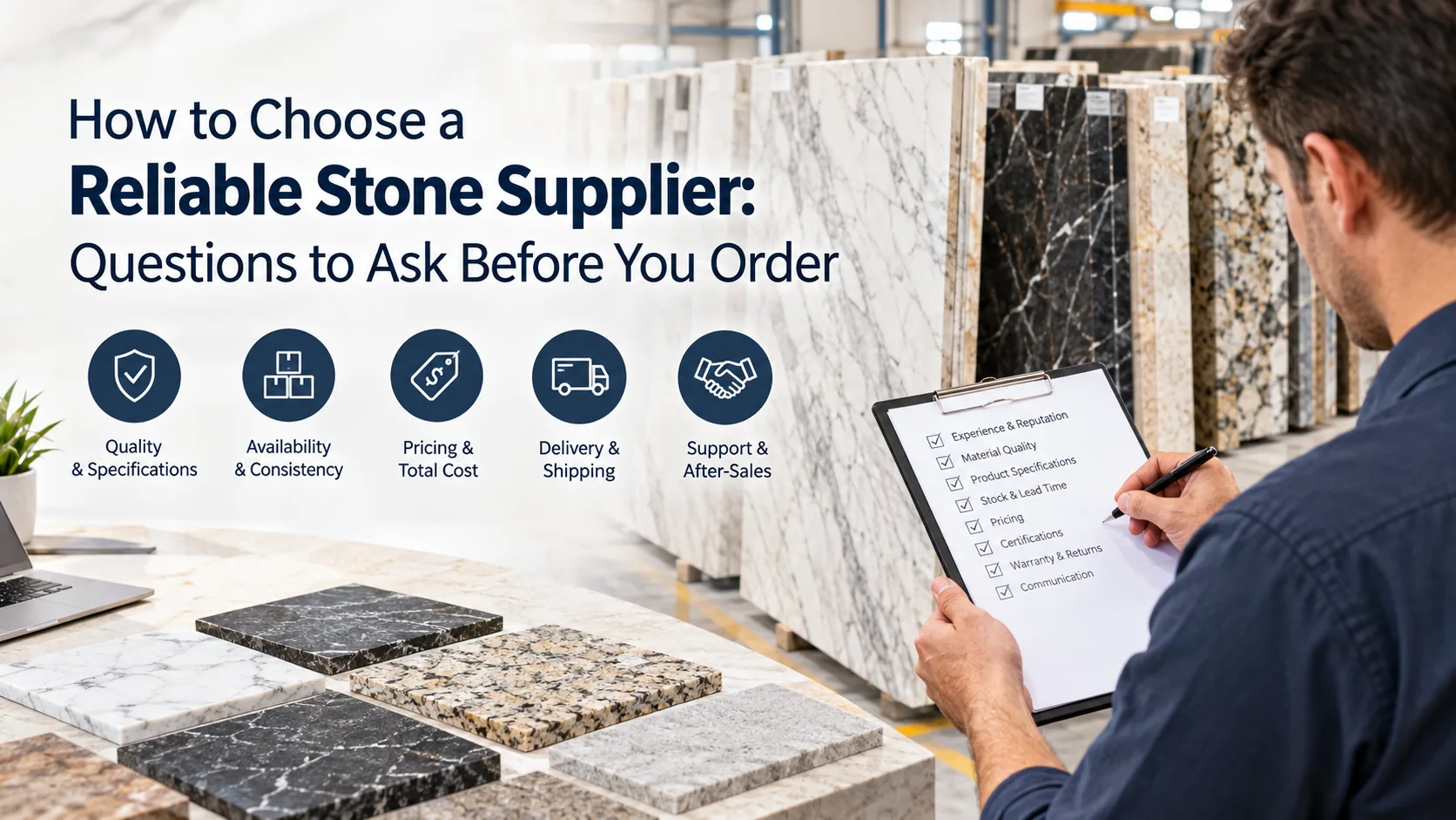 How to choose a reliable stone supplier: a buyer ticks off a supplier checklist beside racks of marble and granite slabs and stone samples